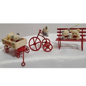 Avon Vintage Flocked Teddy w/ Red Metal Ornaments Set Of 3